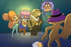 anthro birthday birthday_cake blush brown_fur cake erection furry glasses hanna-barbera ladysomnambule mole ox secret_squirrel secret_squirrel_show squirrel suprised