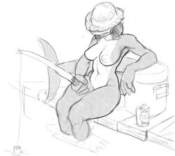 2020 anthro beverage_can breasts can casual_nudity clothing container cooler female fish fishing fishing_rod hair hat headgear headwear hi_res inverted_nipples lakeslug marine navel nipples nude pier planks shark shark_tail simple_background sitting solo water white_background