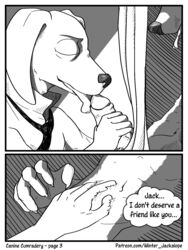 anthro beastars bird_dog canid canine canis clothed clothing comic domestic_dog dorm duo erection fellatio fur genitals hi_res humanoid_genitalia hunting_dog jack_(beastars) labrador lagomorph legoshi_(beastars) male male/male mammal nude oral penile penis retriever sex simple_background text tongue tongue_out wintersink wolf