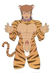 1boy big_pecs blush bodysuit collar danganronpa danganronpa:_trigger_happy_havoc erection etap imugemuzimihs male male_only mondo_oowada muscular muscular_male new_year penis pompadour precum_drip purple_eyes skin_tight smooth_skin solo tiger_costume tiger_ears tiger_print tiger_tail two_tone_hair uncensored year_of_the_tiger