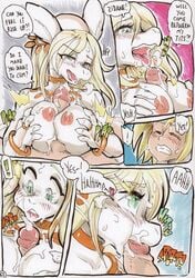 anthro blonde_hair blush bodily_fluids breast_play breasts burmecian comic cum cum_in_mouth cum_inside cum_on_face daigaijin duo ejaculation fellatio female final_fantasy final_fantasy_ix freya_crescent fur genital_fluids genitals genome green_eyes hair hi_res human human_on_anthro interspecies male male/female mammal oral paizuri penile penis rodent sex speech_bubble square_enix titfuck titjob video_games white_body white_fur zidane_tribal