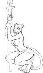 2020 absurd_res anthro bottomwear breasts claws clothing crouching digitigrade eyebrows felid female hi_res holding_object holding_weapon lakeslug lion loincloth mammal melee_weapon mostly_nude navel nipples open_mouth pantherine polearm pupils side_view simple_background slit_pupils solo spear teeth weapon whisker_spots white_background