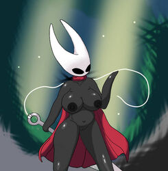 anthro arthropod big_breasts black_body black_eyes black_nipples breasts cape clothing female genitals holding_object holding_weapon hollow_knight hornet_(hollow_knight) needle_(disambiguation) nipples poraka7 pussy silk solo string team_cherry video_games weapon