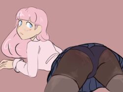 ass_out blue_eyes blue_panties blush clothed dexter's_laboratory dress dress_shirt duplicate human japanese_teacher looking_back lying_down lying_on_stomach lysrouge on_stomach panties pantyhose pantyshot_(lying) pink_hair plain_background solo solo_female stockings thighhighs