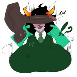 !? 1boy 1girls 2022 behemaid big_breasts big_penis black_hair blush breasts clothing cock dark-skinned_male dark_skin dialogue erection fangs green_lips grey_skin hiveswap horns huge_breasts huge_cock huge_penis imminent_sex long_penis lynera_skalbi ms_paint_adventures naked open_mouth penis penis_on_face penis_out short_hair speech_bubble straight sweat text troll white_background