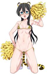 alternate_costume animal_ears animal_print ass_visible_through_thighs bare_arms bare_legs bare_shoulders bikini black_hair blue_eyes blush breasts cheerleader female flat_chest glasses groin hairband highres kantai_collection kneeling kumadano long_hair looking_at_viewer micro_bikini navel ooyodo_(kantai_collection) open_mouth pom_pom_(cheerleading) pubic_hair semi-rimless_eyewear shoes small_breasts smile sneakers solo solo_female string_bikini sweat swimsuit tail tiger_ears tiger_print tiger_tail tongue under-rim_eyewear white_bikini