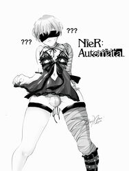 1boy balls blindfold bulge clothed clothing crossdressing femboy kaine_(nier)_(cosplay) light-skinned_male light_skin male male_focus male_only mumu_(chi_becky_) nier nier:_automata solo solo_male testicles white_background white_hair yorha_9s