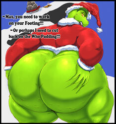 2021 antlers ass big_butt blue_sky bottom_heavy bottomless bottomless_male butt_grab canid canine cellulite christmas christmas_clothing christmas_headwear clothed clothing costume dr_seuss english english_text eyebrows eyelashes feral fur green_body green_fur hand_on_butt hat headgear headwear hi_res holidays horn how_the_grinch_stole_christmas huge_butt huge_thighs humanoid looking_back male male/male male_focus male_only mammal mountain muscular muscular_male open_mouth red_eyes rhyme santa_costume santa_hat sky sled snow solo soulman1 superchub text the_grinch thick_eyebrows thick_eyelashes thick_thighs yellow_sclera