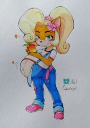 1girls abesdrawings blonde_hair coco_bandicoot crash_(series) female furry heart ponytail pregnant small_breasts solo traditional_media_(artwork) wumpa_fruit