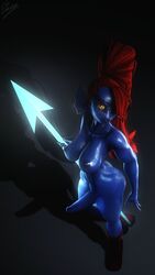 3d abs anthro big_breasts black_background blue_body breasts eye_patch eyewear fish futanari genitals glowing glowing_weapon gynomorph hair hair_over_eye hi_res humanoid_genitalia humanoid_penis intersex lamoz571 marine melee_weapon muscular muscular_gynomorph muscular_intersex nude one_eye_obstructed penis polearm red_hair simple_background solo spear spear_of_justice undertale_(series) undyne undyne_(wo262) weapon yellow_eyes