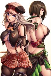 2girls alisa_ilinichina_amiella black_hair blue_eyes female female_only gloves god_eater hat legwear long_hair looking_at_viewer multiple_girls short_hair sideboob silver_hair skirt tachibana_sakuya underboob watanuki_kaname