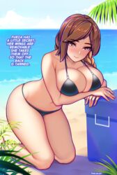 1girls 2d arm_under_breasts beach big_breasts bikini black_bikini blush blushing_at_viewer breasts brown_hair english_text eye_contact eyebrows_visible_through_hair female female_only furia_(paladins) huge_breasts ikkimay kneeling large_breasts light-skinned_female light_skin looking_at_viewer on_knees paladins pale-skinned_female pale_skin solo solo_female swimsuit swimwear tagme text thighs two_piece_swimsuit wide_hips yellow_eyes