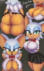 2d angry ass bat big_breasts bowtie cleavage cleavage_overflow clothed color cranihum fangs fat_ass female female_only green_eyes lips lipstick looking_at_viewer mobian mobian_(species) mobian_bat nipple_bulge nipple_slip nipples pinup rouge_the_bat school_uniform sega shirt shortstack skirt sonic_(series) sonic_adventure_2 sonic_the_hedgehog_(series) teacher teasing thick_thighs undressing