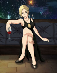 annie_leonhardt attack_on_titan black_lipstick blonde_hair blue_eyes drink elegant nemesis179 new_year shingeki_no_kyojin tied_hair