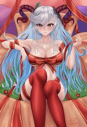 1girls bare_shoulders blue_hair breasts christmas christmas_outfit cleavage collarbone covered_nipples female_only fire_emblem fire_emblem_heroes freyja_(fire_emblem) grey_hair horns large_breasts long_hair looking_at_viewer multicolored_hair naked_ribbon naked_stockings nintendo nude nude_female red_eyes ribbon ribboned_body shinryuu solo thighhighs underboob very_long_hair