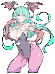 clothing darkstalkers enpe green_hair hand_on_hip hands_on_hips horn horns leggings long_hair medium_breasts morrigan_aensland pink_leggings red_fingernails shoulders smile smiling succubus