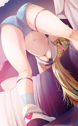 ass bed bed_sheet bent_over blonde_hair blush breasts calf_strap cleavage curtains female female_only fumihiko_(pixiv2658856) hair_ornament heterochromia highres hoshikawa_sara kneepits looking_back loose_clothes loose_shirt multicolored_hair navel nijisanji pillow shirt shoes short_shorts shorts socks solo thigh_strap underboob upshirt virtual_youtuber