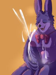 anthro bodily_fluids bonnie_(fnaf) bow_tie bow_tie_only closed_eyes cum cum_on_chest cumshot ejaculation erection excessive_cum five_nights_at_freddy's fur genital_fluids genitals hi_res icedoats lagomorph leporid male male_only mammal mostly_nude musk penis purple_body purple_eyes rabbit scottgames solo vein veiny_penis video_games