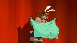 1girls big_breasts big_lips breasts_bigger_than_head bunny_ears bunny_tail daphne_blake embarrassed female female_only hanna-barbera huge_breasts hyper_breasts nipple_bulge scooby-doo screenshot screenshot_edit solo striptease topless woot