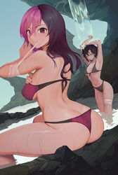 100wang 2022 2girls ass bandages bikini black_hair brown_eyes brown_hair butt female female_only heterochromia long_hair medium_breasts neo_(rwby) pink_eyes pink_hair ruby_rose rwby short_hair silver_eyes swimsuit swimwear two_tone_hair waterfall wet