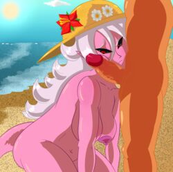 1boy 1girls android_21 beach breasts cock cock_rub dragon_ball dragon_ball_fighterz hat majin majin_android_21 on_knees penis penis_rubbing_against_cheek pink_skin rubbing_penis summer sunhat tagme white_hair wildswingding