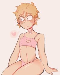 1boy blonde_hair blue_eyes blush blush_lines blushing bra cat_cutout choker clothing collar femboy feminine_male heart human lingerie male male_only mcyt minecraft minecraft_youtubers panties simple_background sitting tommyinnit twitch.tv youtube youtubers