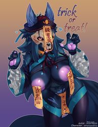 2021 abyssal_wolf anthro areola big_breasts blue_body blue_fur bone breasts canid canine canis elvia english_text female fur halloween halloween_costume heart hi_res jiangshi looking_at_viewer mammal ofuda ofuda_on_nipples ofuda_on_pussy qing_guanmao see_is_see solo text wolf