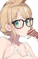 1boy accio alternate_costume alternate_eye_color alternate_hair_color alternate_hairstyle bar_censor bikini black-framed_eyewear blonde_hair blush breasts censored cleavage cum cum_on_body cum_on_breasts cum_on_hair erection facial fellatio female glasses green_eyes hair_bun hand_on_another's_head kissing_penis large_breasts looking_at_viewer micro_bikini oral original penis simple_background straight swimsuit white_background