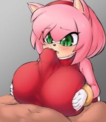 1boy 1girls amy_rose anthro dress female gloves green_eyes headband hedgehog human human_on_anthro large_breasts paizuri paizuri_under_clothes pldf precum precum_through_clothing sonic_(series) sweat