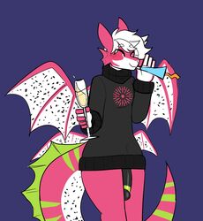 1boy animal_ears anthro clothing drink femboy furry hair male male_anthro male_only penis qqlettuce solo sweater tail testicles thick_thighs topwear wings