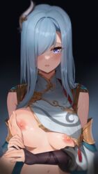 1girls aqua_hair areolae ayul_(ayulneri_92) big_breasts blue_eyes blush breast_grab breasts embarrassed exposed_breasts female female_focus female_only fingerless_gloves genshin_impact gloves guided_breast_grab hand_on_breast hand_on_hand light-skinned_female long_hair nipples open_mouth pov red_ropes seductive shenhe_(genshin_impact) uniform white_hair