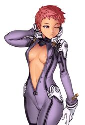 1girls blue_submarine_no._6 breasts cleavage cowboy_shot curvy dark-skinned_female dark_skin female female_focus female_only front_zipper gloves hips human large_breasts looking_to_the_side mayumi_kino navel nipple_slip no_bra open_clothing optionaltypo petite png purple_eyes red_hair short_hair solo solo_female swimwear thick_thighs tomboy very_short_hair wetsuit white_background wide_hips zipper zipper_down