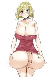 1futa balls big_breasts black_hair blonde_hair blush bottomless breasts clothed clothing elf elf_ears elf_female flaccid futa_only futanari gigantic_testicles huge_balls huge_breasts huge_testicles humanoid humanoid_penis hyper hyper_balls large_penis light-skinned_futanari light_skin looking_at_viewer oversized_balls pale_skin partially_clothed penis pointy_ears red_hair solo standing takuya_t testicles uncensored