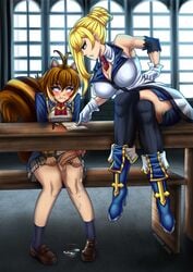 1futa 1girls animal_ears balls big_penis blazblue blazblue_remix_heart blush breasts classroom clothed clothing cum_drip cum_dripping cum_dripping_from_penis cum_on_floor desk distracted duo ember_cool erection estella_mckenzie female fully_clothed futanari hiding_penis human humanoid humanoid_penis kemonomimi light-skinned_futanari light_skin makoto_nanaya mostly_clothed ms._emma pale_skin penis precum precum_drip scolding sitting slq staring_at_breasts student student-teacher teacher teacher_and_student under_the_table undertable