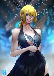 award blonde_hair blue_eyes breasts confetti dress looking_at_viewer metroid metroid_dread nintendo ponytail samus_aran the_game_awards trophy xuuikie xuuikie_ashe