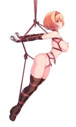 absurdres arms_behind_back ass black_footwear black_gloves blonde_hair blush bondage bondage bondage boots bound bound_arms bound_legs breasts brown_eyes brown_gloves brown_legwear crotch_rope djeeta_(granblue_fantasy) elbow_gloves embarrassed english_commentary female female from_side full_body gloves granblue_fantasy hairband high_heel_boots high_heels highres hip_focus large_breasts leaning_forward legs looking_at_viewer looking_to_the_side maullarmaullar medium_hair nipples nude red_hairband restrained revision rope short_hair solo suspension thigh_boots thighhighs thighs