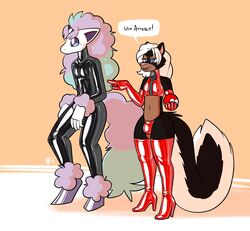 2boys animal_ears anthro armwear black_latex bodysuit bulge dialogue english_text femboy hair latex latex_bodysuit legwear male male_anthro male_only nintendo penis pokémon_(species) pokemon qqlettuce tail testicles text thick_thighs underwear