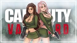 2girls aches big_breasts bordie breasts brown_hair cleavage female female_focus female_only lumiixq multiple_girls official_art pink_hair smile smiling_at_another soldier thumbnail youtube youtuber