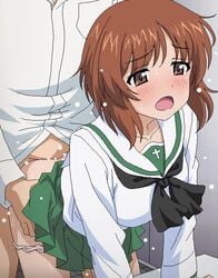 1boy black_neckwear blush brown_eyes brown_hair clothed_sex commentary_request doggy_style eyebrows_visible_through_hair female girls_und_panzer green_skirt long_sleeves nishizumi_miho ooarai_school_uniform open_mouth panties panty_pull sailor_collar school_uniform sex short_hair skirt straight sweat tomu_(tomubobu) underwear white_panties white_sailor_collar