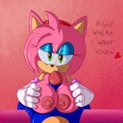 alternate_breast_size amy_rose big_breasts blue_eyeshadow breasts cum cumshot eyeliner facial green_eyes paizuri pink_fur pink_hair rouge_the_bat_(cosplay) smirk sonic_(series) sonic_the_hedgehog spray tagme wildswingding