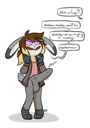 1boy animal_ears anthro bottomwear bulge clothing dialogue english_text erection femboy hair male male_anthro male_only penis qqlettuce solo testicles text topwear