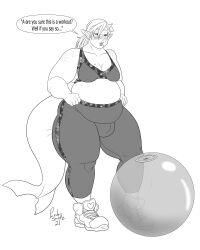 anthro bra bulge dialogue dickgirl fat furry futanari hair pandassmutz pointy_ears shark shoes tail thick_thighs yoga_pants