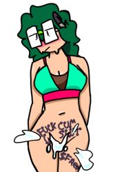 bikini_bottom_removed bikini_top blush blushing_at_viewer cum cum_on_bikini cum_slut cumslut green_glasses green_hair nsfw oc original original_character see1girls sfw_version_available solo_female sweating writing_on_body