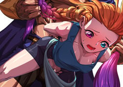 1boy 3d absurdres arms_behind_back athletic_female bare_shoulders bike_shorts braid cape collarbone doggy_style female greef_(greef63073776) green_tank_top head_out_of_frame heterochromia highres human league_of_legends long_hair male muscular muscular_male no_bra open_mouth orange_hair pantheon pink_hair purple_eyes purple_hair restrained sex shiny shiny_skin shorts single_braid sweat tank_top torn_clothes torn_shorts zoe_(league_of_legends)