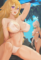 100wang 2022 2girls big_breasts bikini blonde_hair blue_eyes cameltoe female female_only long_hair purple_eyes rwby scar smile swimsuit swimwear weiss_schnee wet white_hair yang_xiao_long yellow_hair