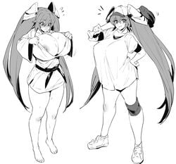 1girls apocrypha_getter_robo_darkness baseball_bat baseball_cap baseball_uniform big_breasts black_and_white blush cleavage feet female_only getter_robo karate_gi knee_pad long_hair monochrome musashi_(getter_robo_darkness) nipple_bulge nipple_slip sneakers solo solo_female sweat thick_thighs thirty_8ght twintails white_background wide_hips