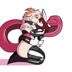 1boy 1girls animal_ears anthro armwear black_armwear black_latex black_legwear female female_anthro female_penetrated femboy femboy_on_female femboydom femsub hair huge_thighs kissing latex legwear male male_anthro maledom penis qqlettuce straight