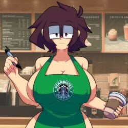 1girls breasts brown_hair female glasses iced_latte_with_breast_milk lueduar lueduartv lulú_(lueduar) meme short_hair solo starbucks tagme