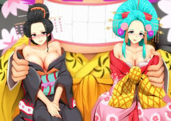 1boy 2girls black_hair faceless_male female geisha ginhaha green_hair hair_ornament komurasaki kozuki_hiyori kurozumi_orochi male nico_robin oiran one_piece orobi prostitute prostitution shimada_hairstyle