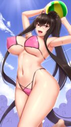 1girls :d akitsuki_karasu armpits arms_up ball bangs beachball black_hair blue_sky blush bodypaint breasts check_commentary commentary commentary_request exhibitionism eyebrows_visible_through_hair female hair_between_eyes highres kurochijo large_breasts long_hair looking_at_viewer naked_paint navel nipples nude oerba_yun_fang open_mouth original paint painted_clothes ponytail public_indecency red_eyes sidelocks sky smile solo thighs v-shaped_eyebrows very_long_hair